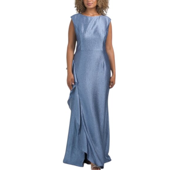 ADRIANNA PAPELL Short Sleeve Cascading Ruffle Gown